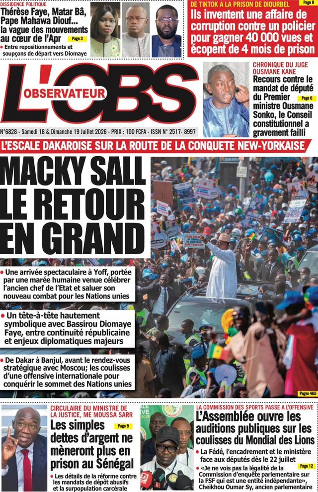 Une de L'Observateur, 18 juillet 2026