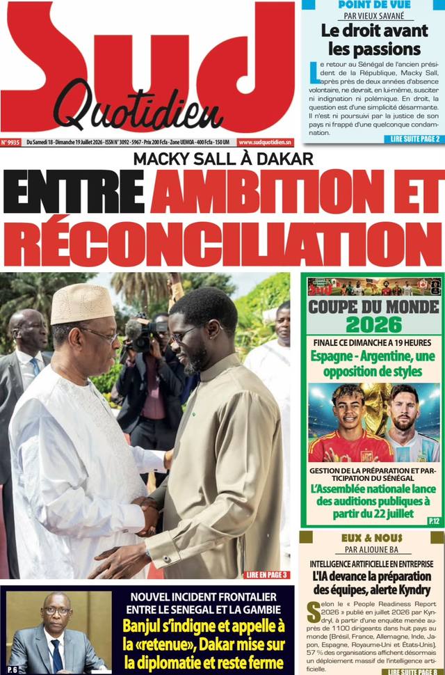 Une de Sud Quotidien, 18 juillet 2026